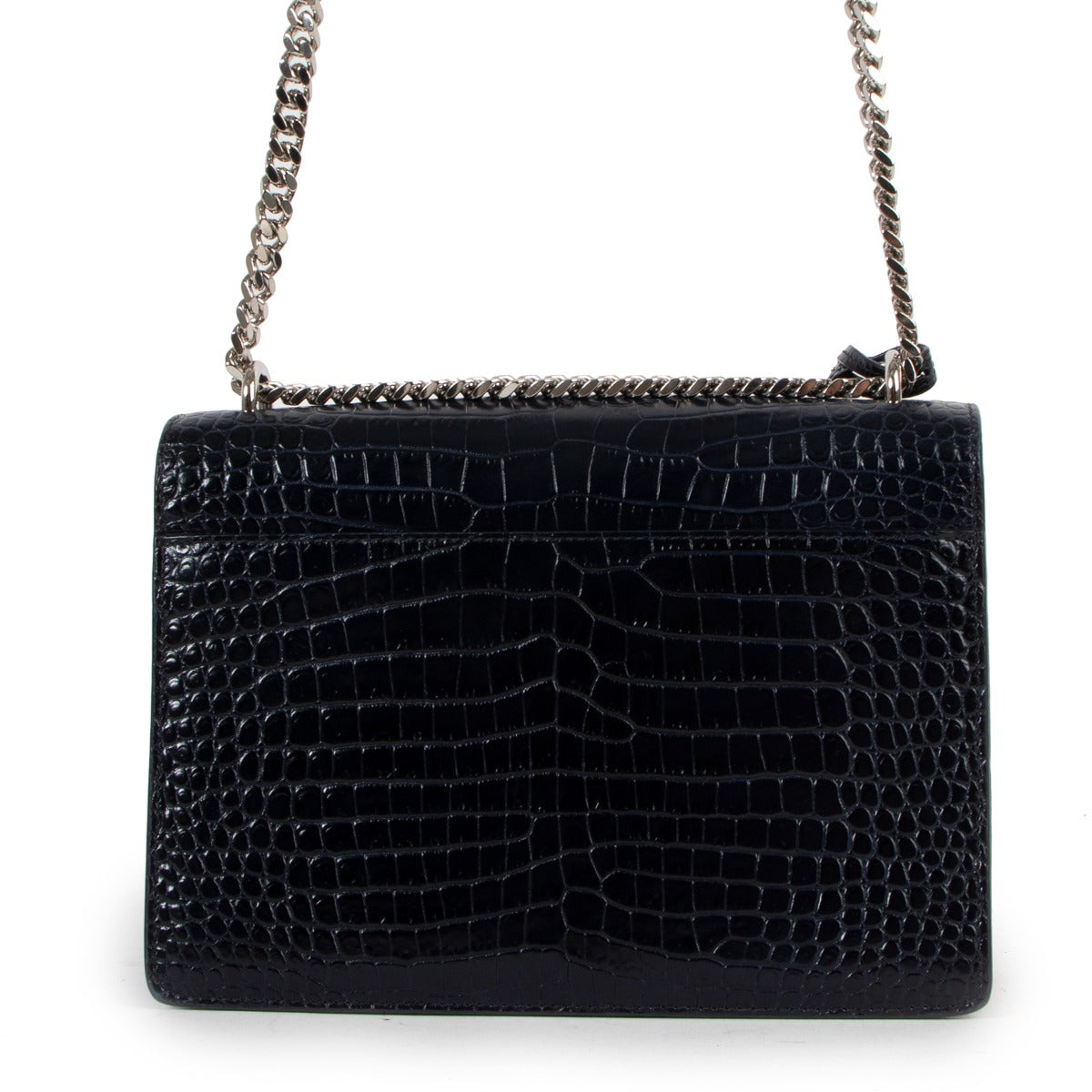 Sac à chaîne moyen Sunset Saint Laurent en cuir embossé croco bleu marine