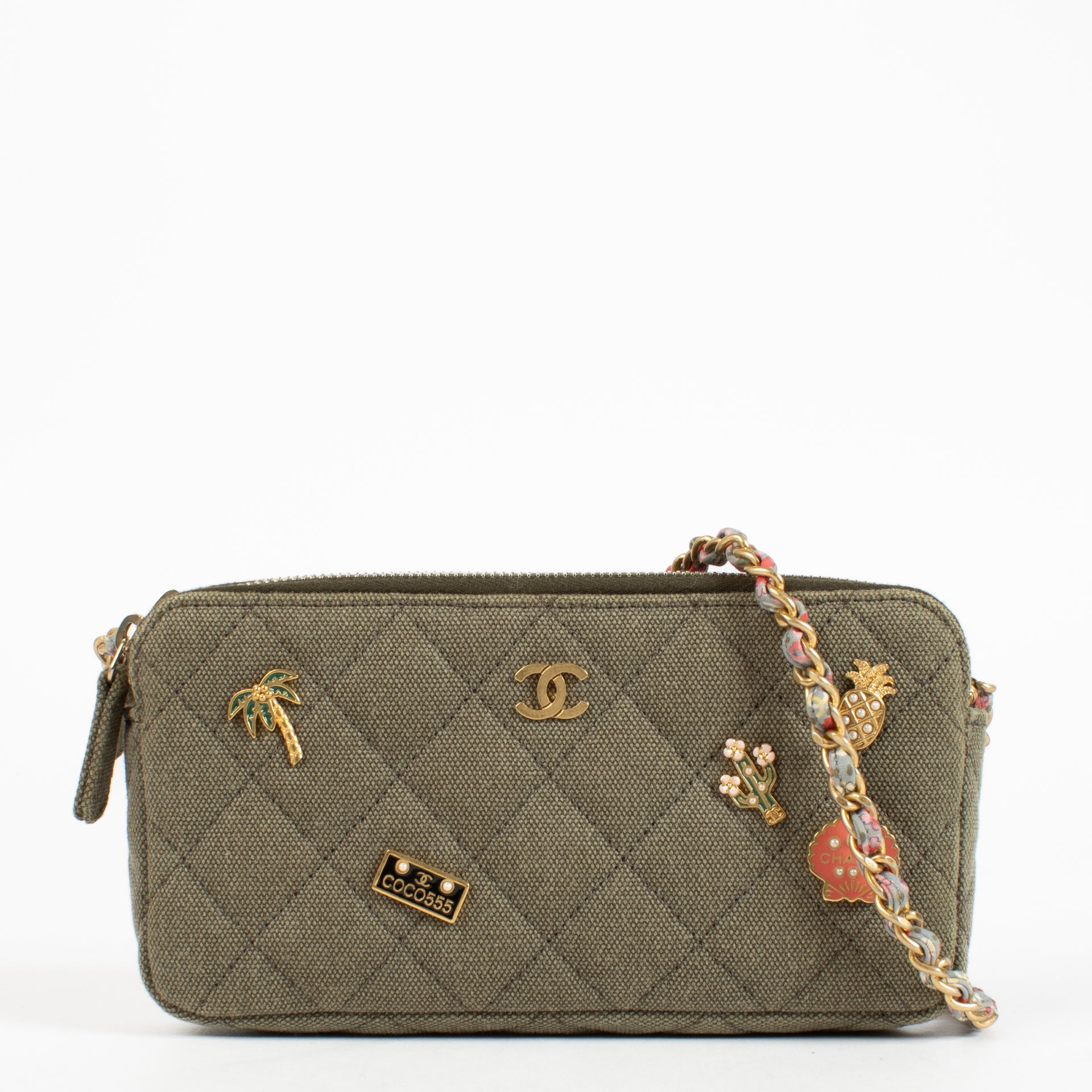 Chanel 17C Green Canvas Coco Cuba Double Zip Classic Clutch With Chain