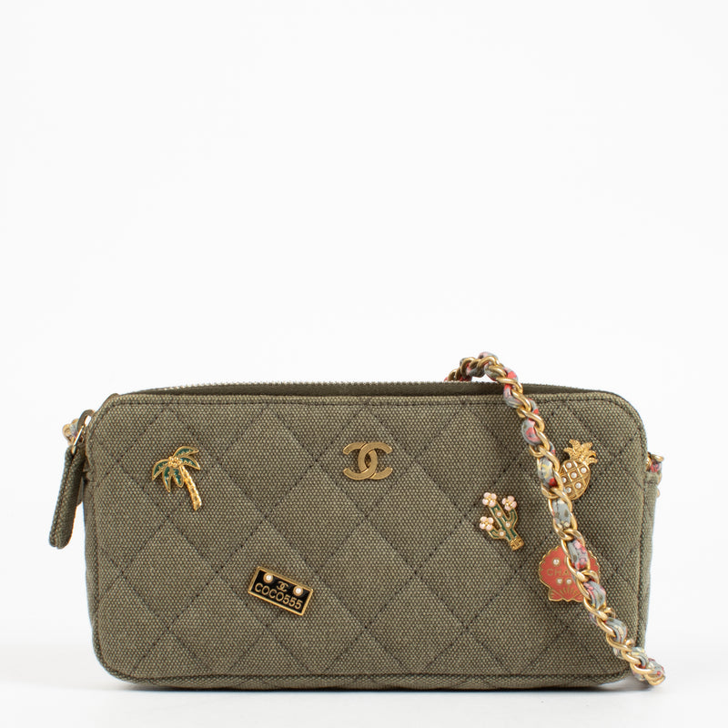 Chanel 17C Green Canvas Coco Cuba Double Zip Classic Clutch With Chain