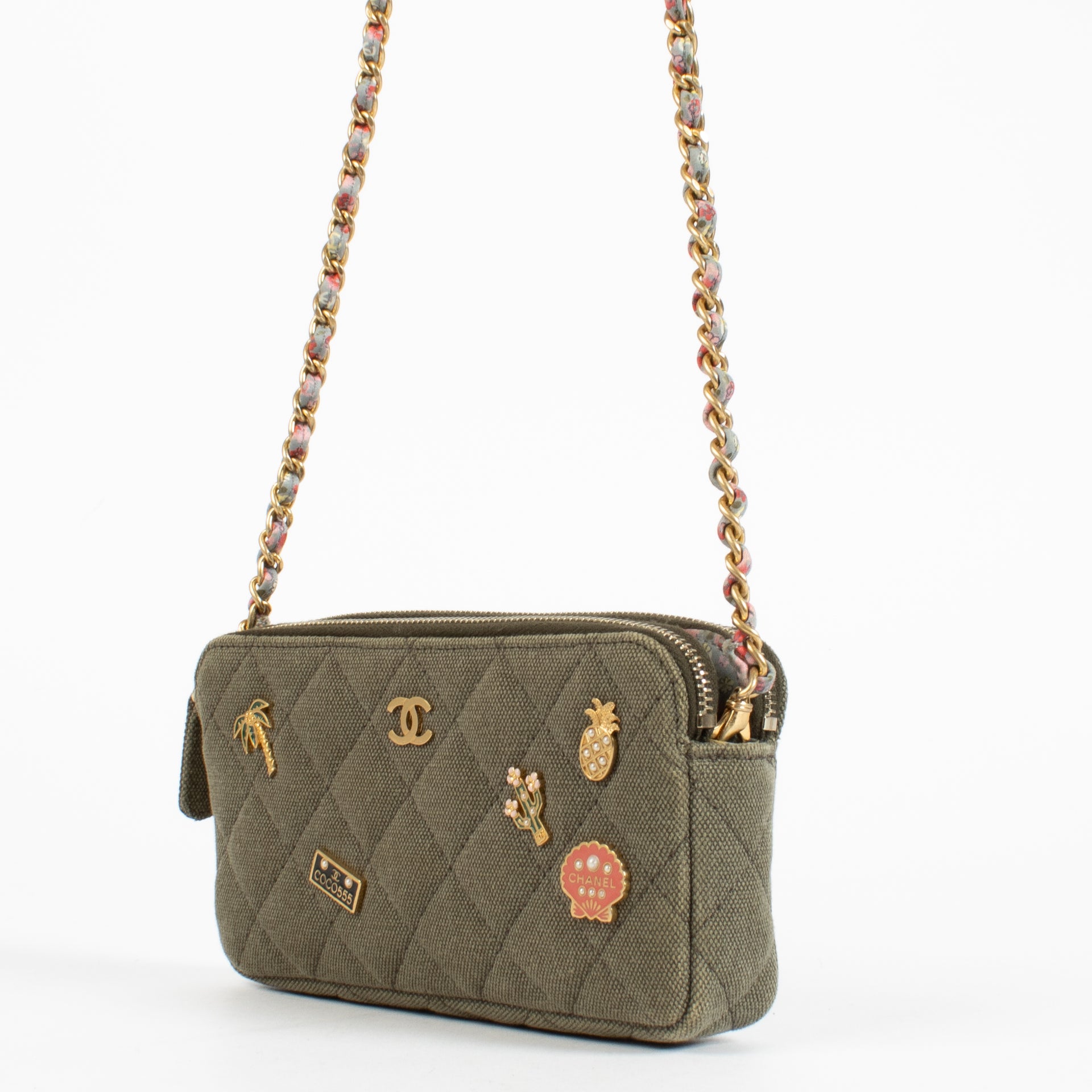 Chanel 17C Green Canvas Coco Cuba Double Zip Classic Clutch With Chain