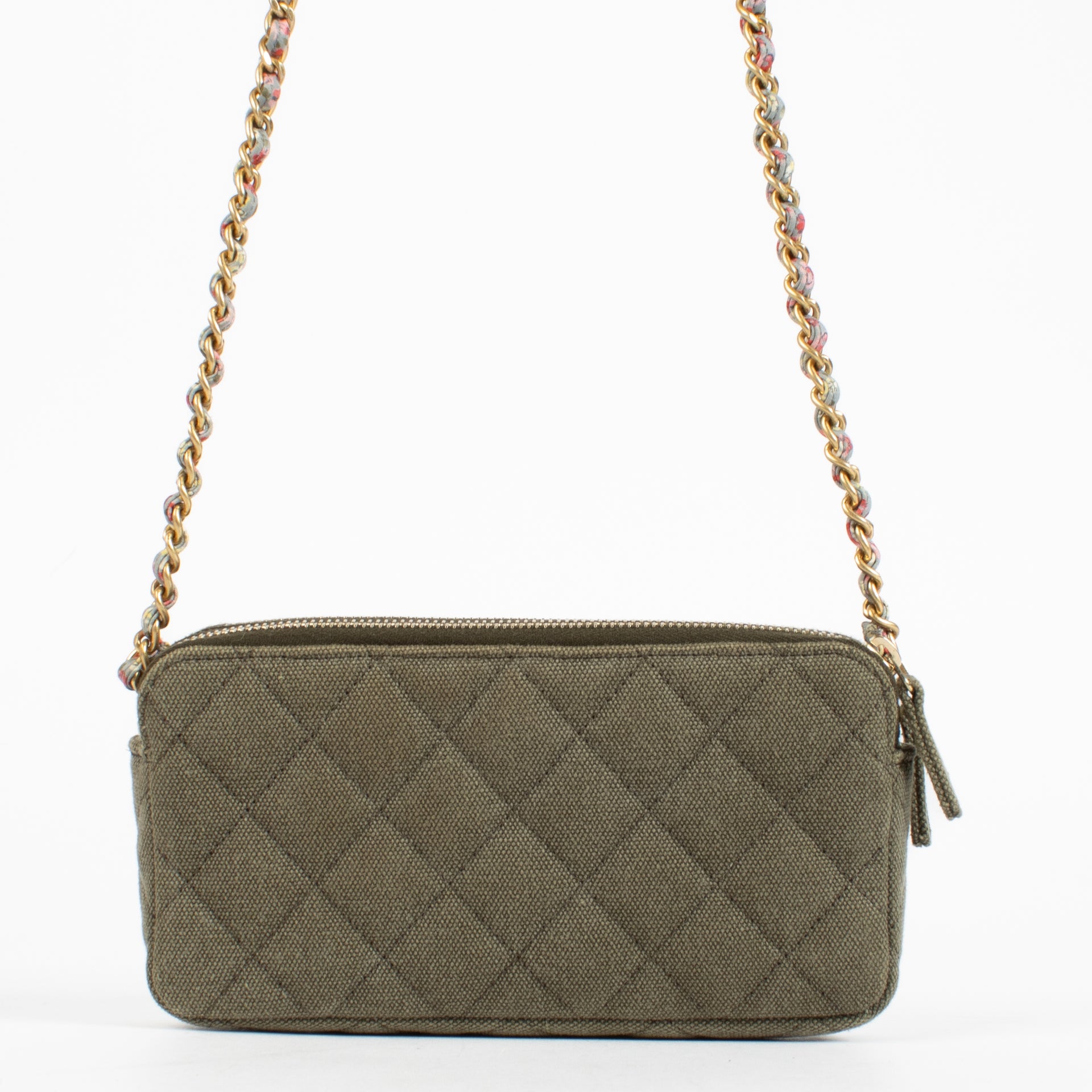 Chanel 17C Green Canvas Coco Cuba Double Zip Classic Clutch With Chain