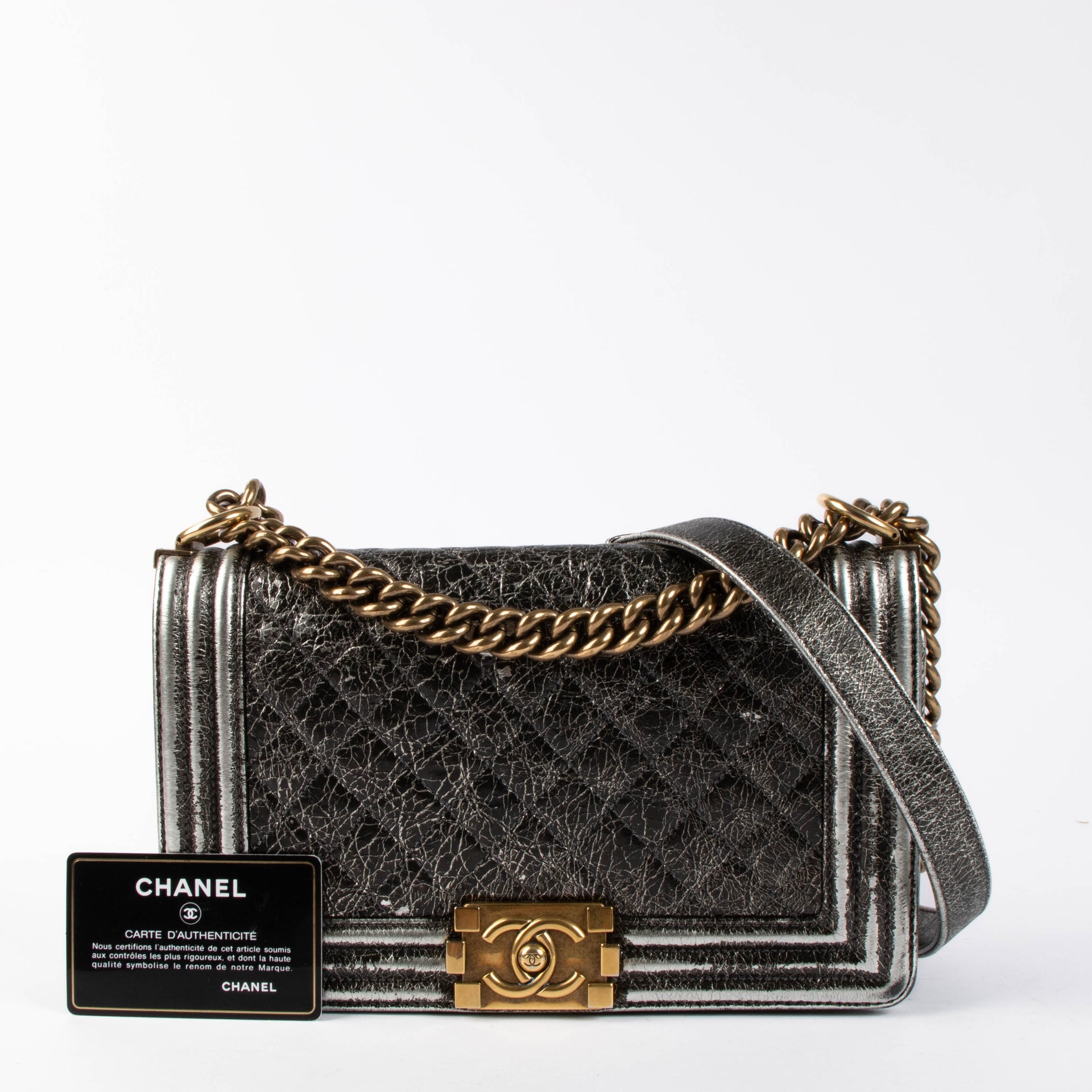 Shop this authentic Chanel Black Crackled Leather Medium Chanel Boy bag pre-loved on Labellov.com