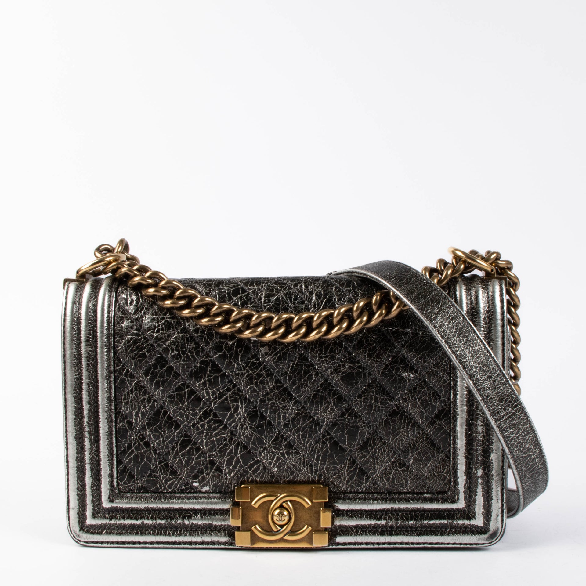 Shop this authentic Chanel Black Crackled Leather Medium Chanel Boy bag pre-loved on Labellov.com