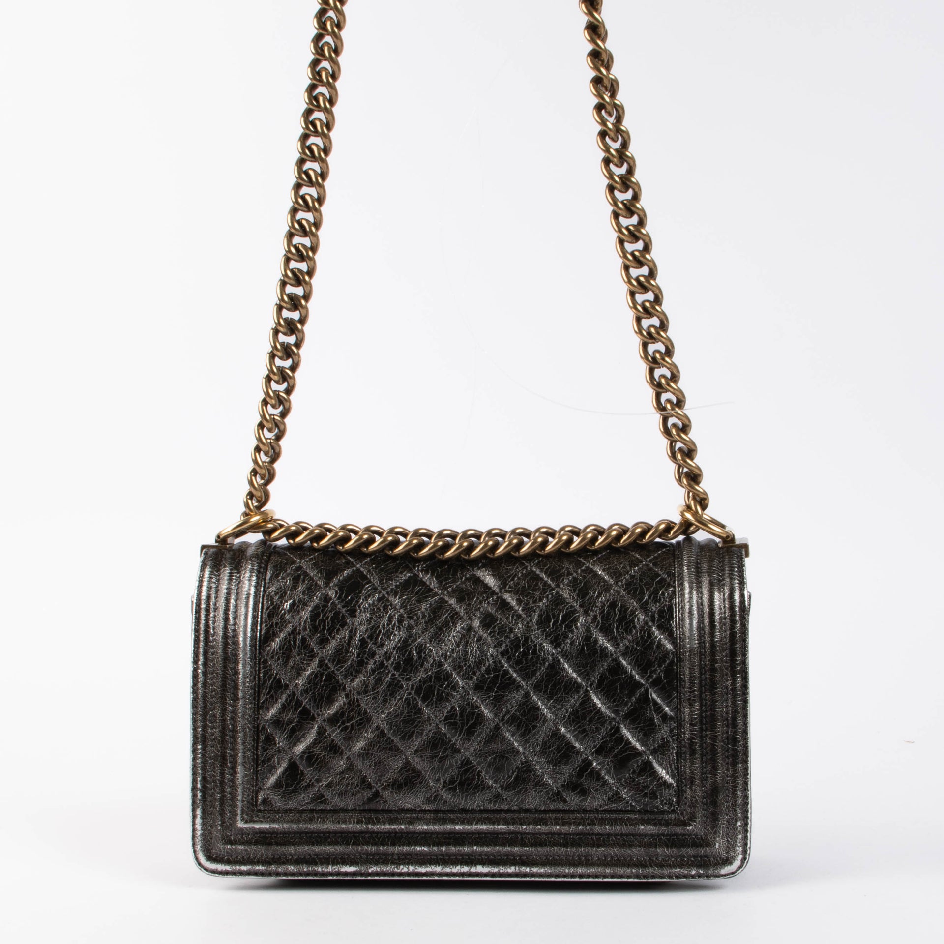 Shop this authentic Chanel Black Crackled Leather Medium Chanel Boy bag pre-loved on Labellov.com