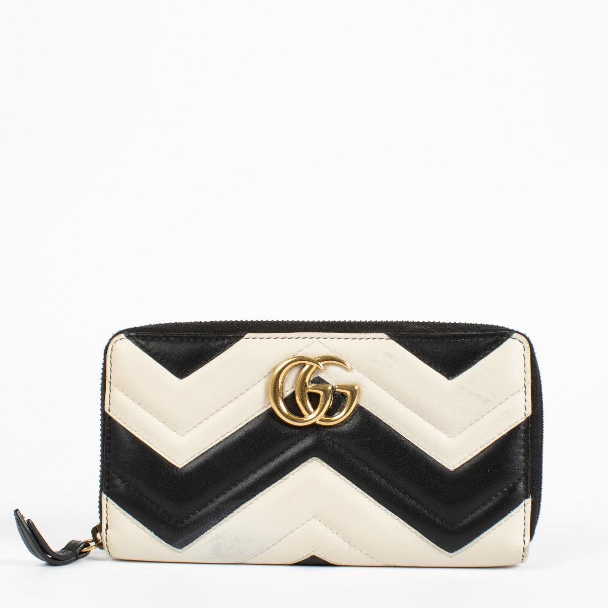 Gucci Black/White GG Marmont Zip Around Wallet