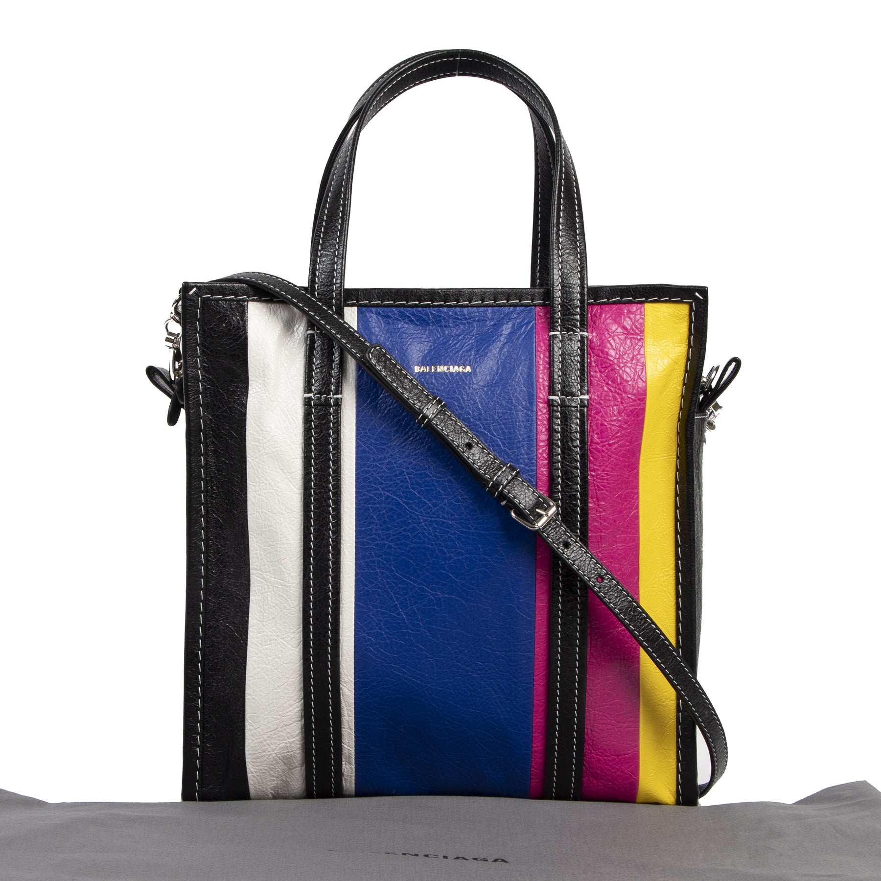 koop veilig online Balenciaga Striped Bazaar S Leather Shopper