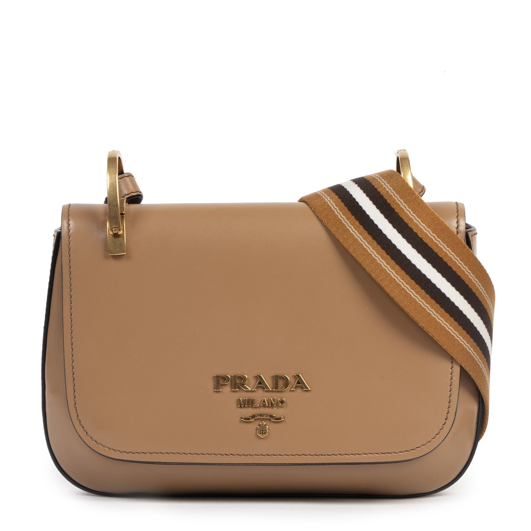 Authentieke tweedehands vintage Prada Camel Color Strap Crossbody Bag koop online webshop LabelLOV