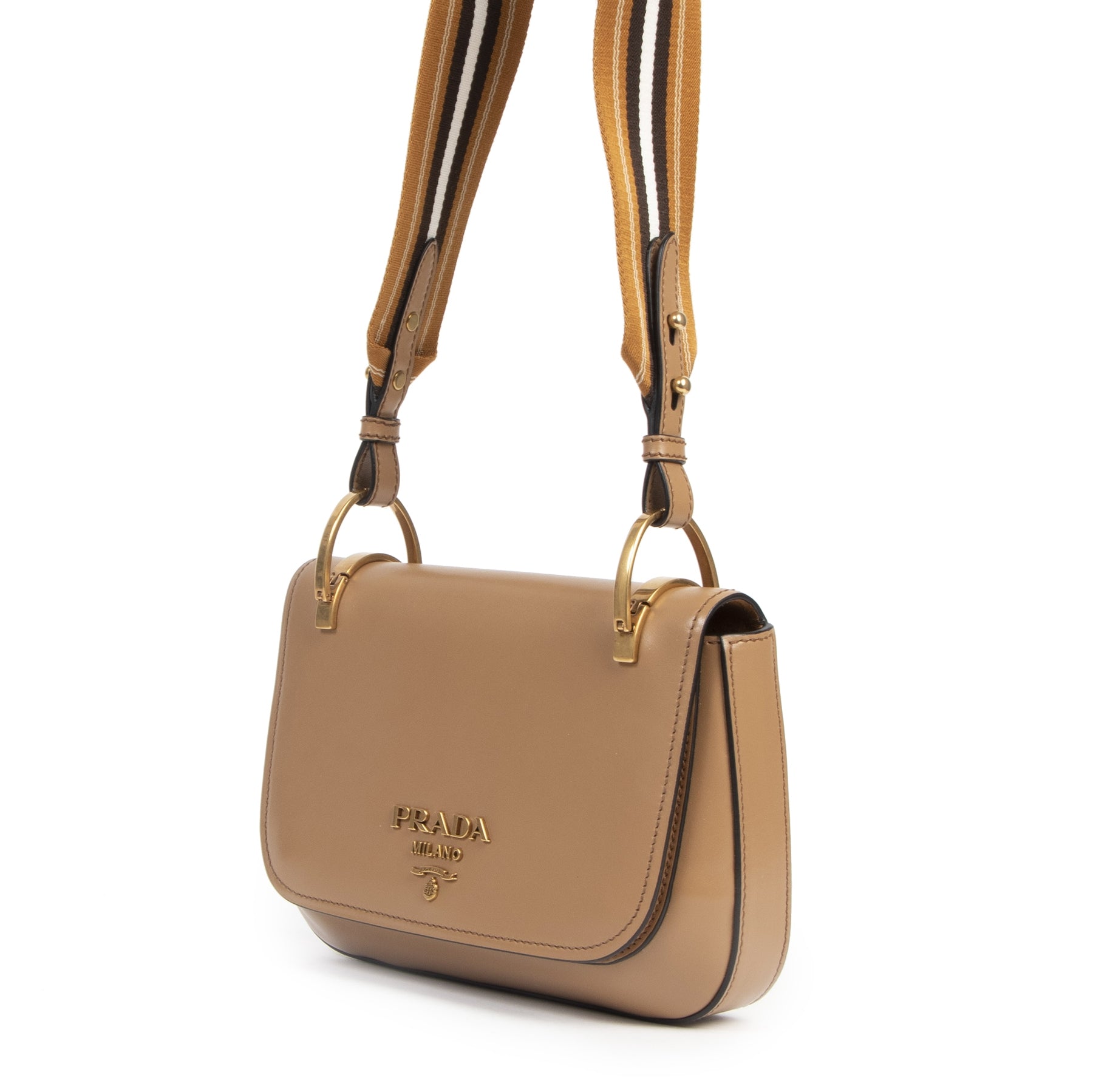 Authentic second-hand vintage Prada Camel Color Strap Crossbody Bag buy online webshop LabelLOV