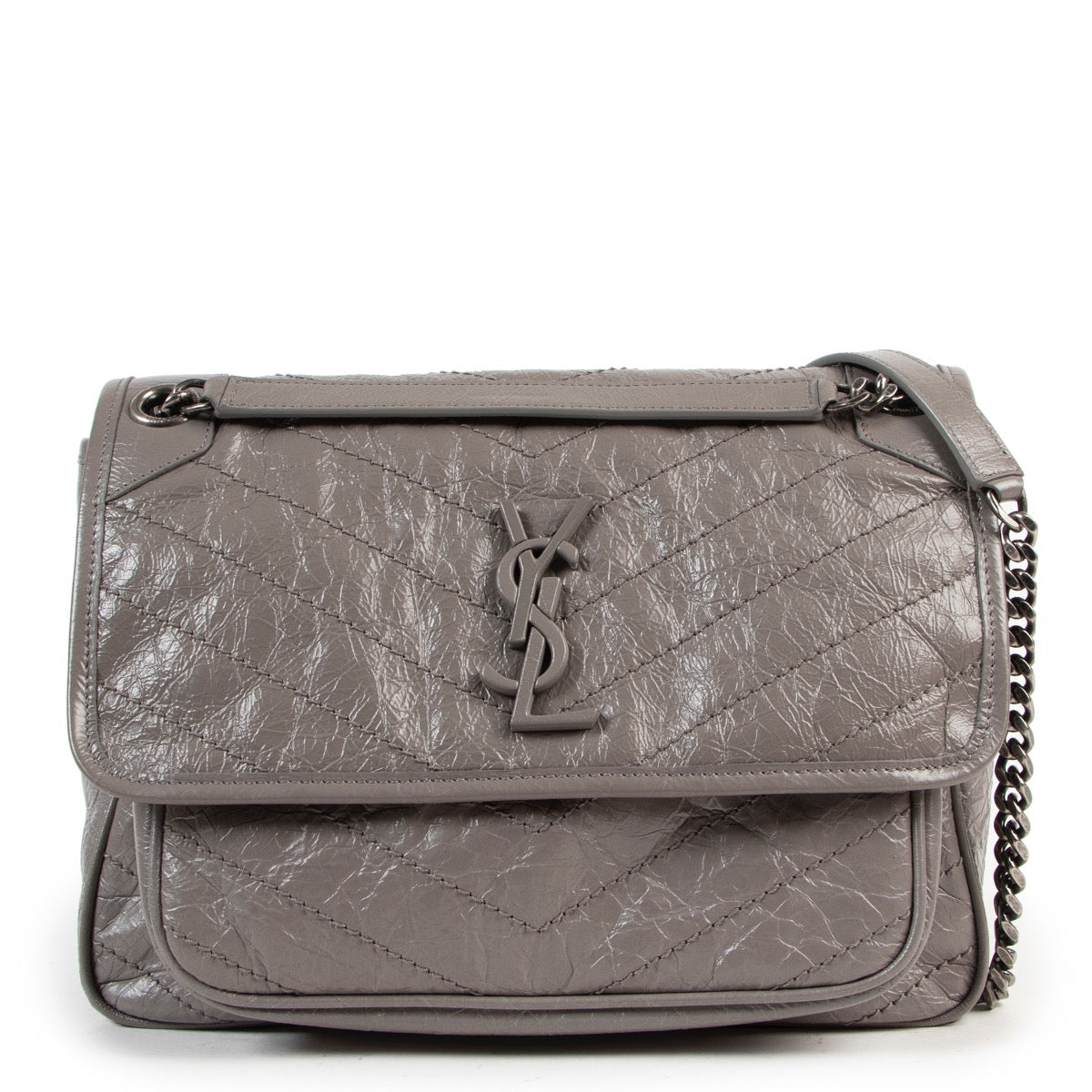 Shop safe online authentic Saint Laurent Grey Crinkled Leather Niki Medium Crossbody Bag.