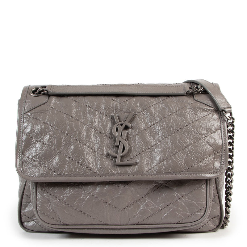 Shop safe online authentic Saint Laurent Grey Crinkled Leather Niki Medium Crossbody Bag.