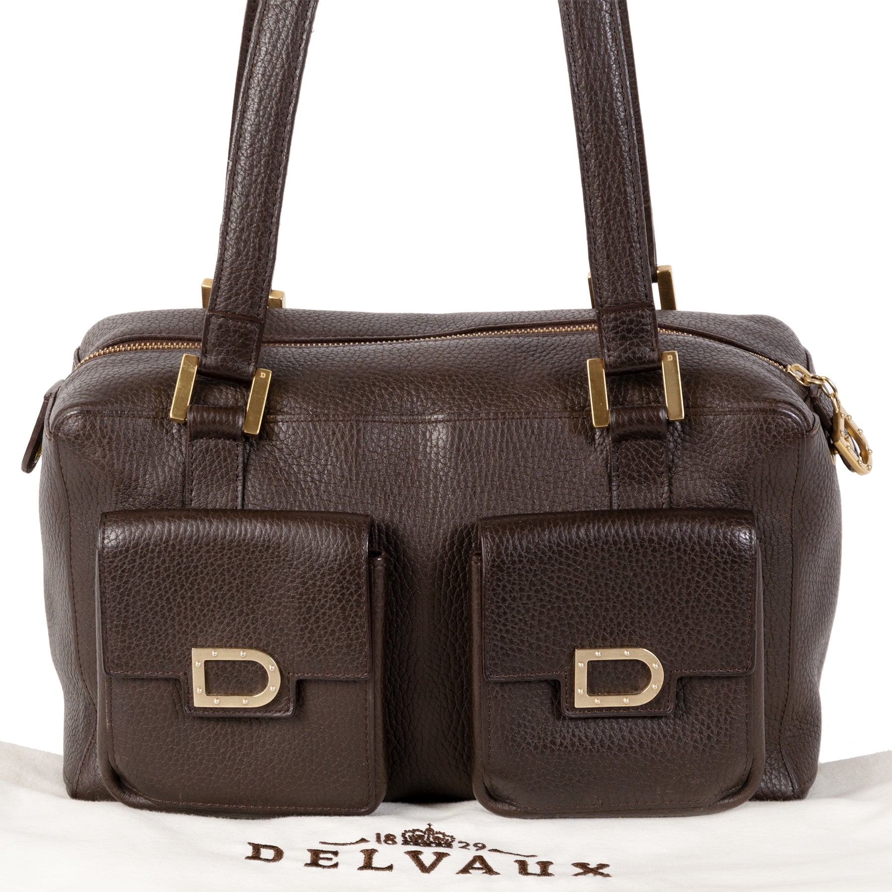 Authentieke Tweedehands Delvaux Dark Brown Front Pockets Shoulder Bag juiste prijs veilig online shoppen luxe merken webshop winkelen Antwerpen België mode fashion