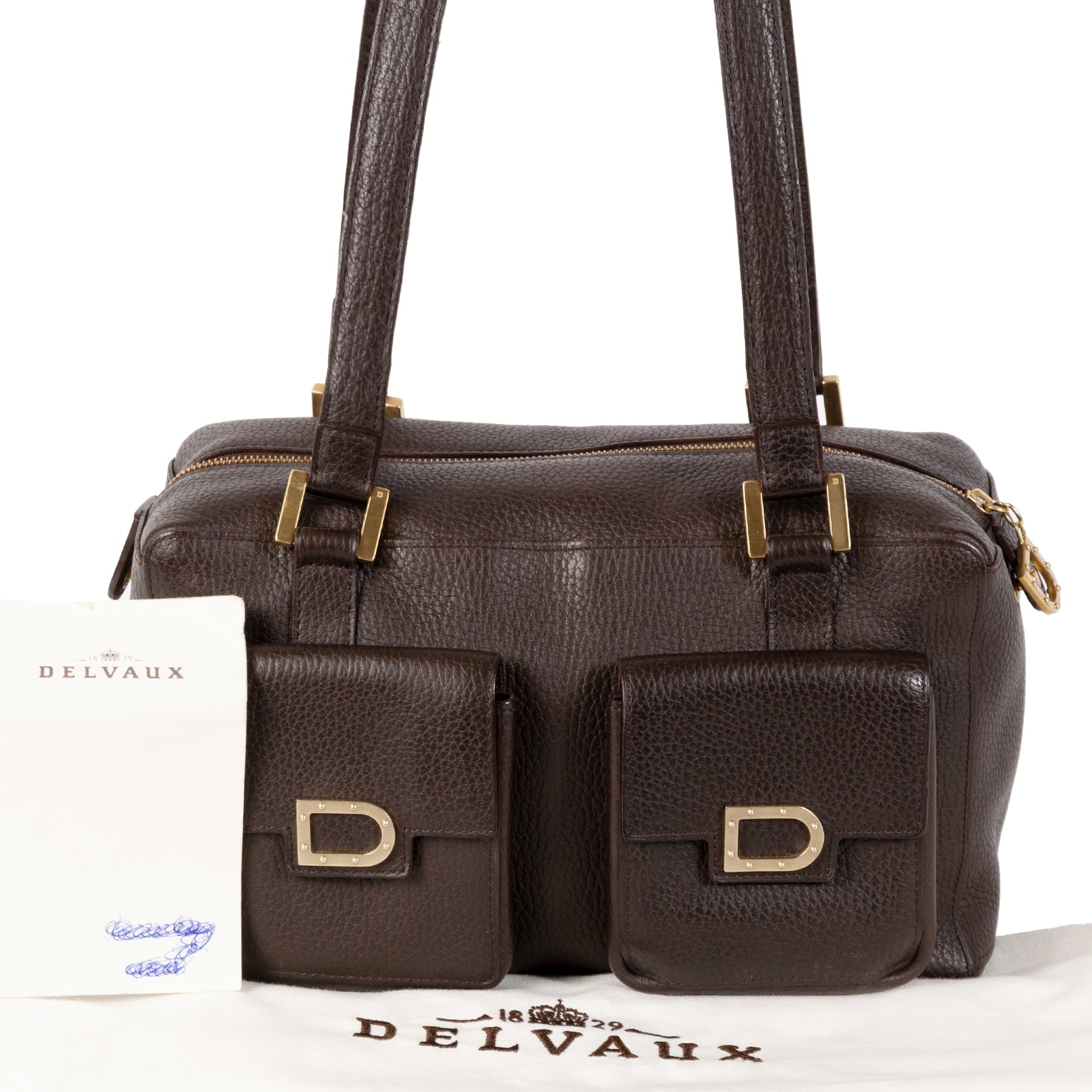 Authentieke Tweedehands Delvaux Dark Brown Front Pockets Shoulder Bag juiste prijs veilig online shoppen luxe merken webshop winkelen Antwerpen België mode fashion