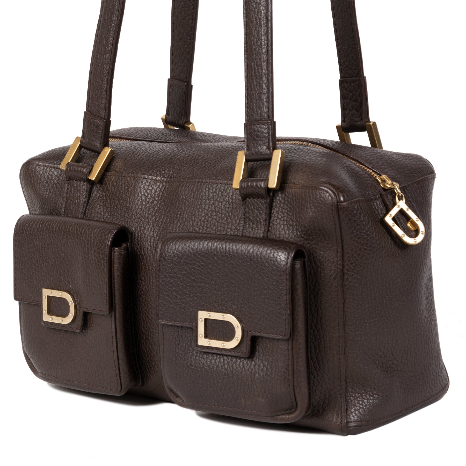 Authentieke Tweedehands Delvaux Dark Brown Front Pockets Shoulder Bag juiste prijs veilig online shoppen luxe merken webshop winkelen Antwerpen België mode fashion