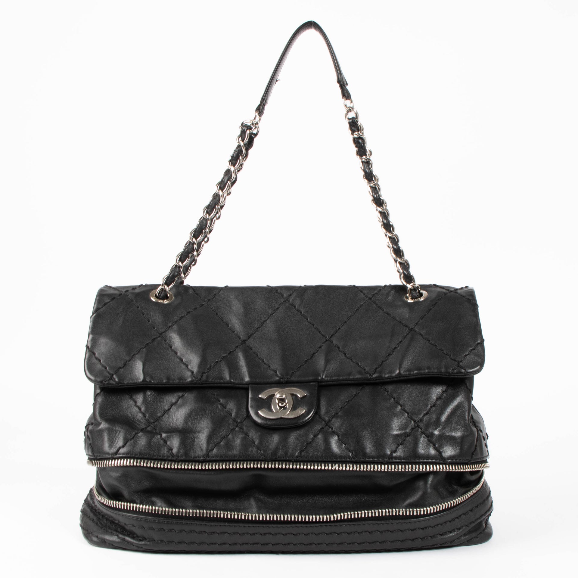 Shop this authentic Chanel Black Stitched Expandable Shoulder Bag pre-loved on Labellov.com 