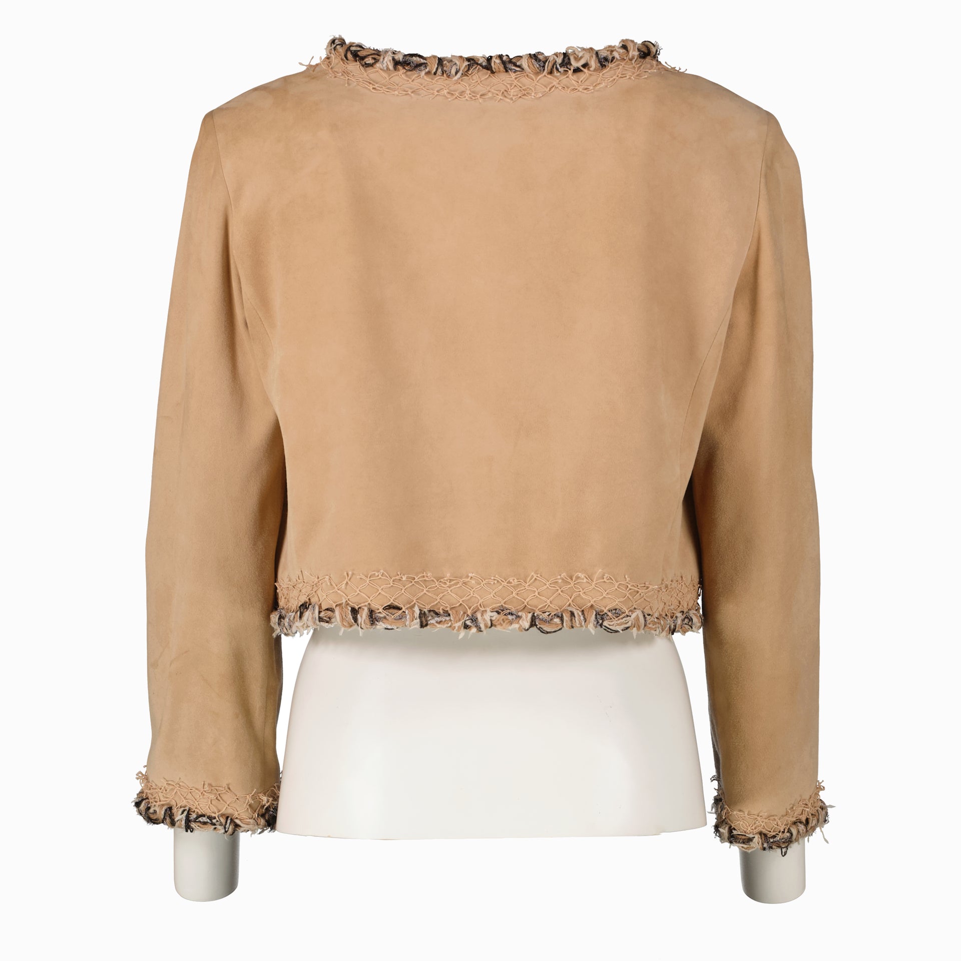 Shop this authentic Chanel Camel Suede Jacket - size 42  pre-loved on Labellov.com 