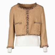 Shop this authentic Chanel Camel Suede Jacket - size 42  pre-loved on Labellov.com 