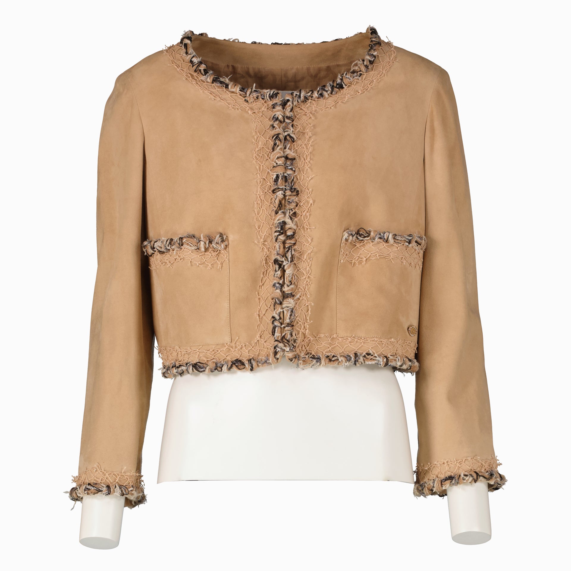 Shop this authentic Chanel Camel Suede Jacket - size 42  pre-loved on Labellov.com 