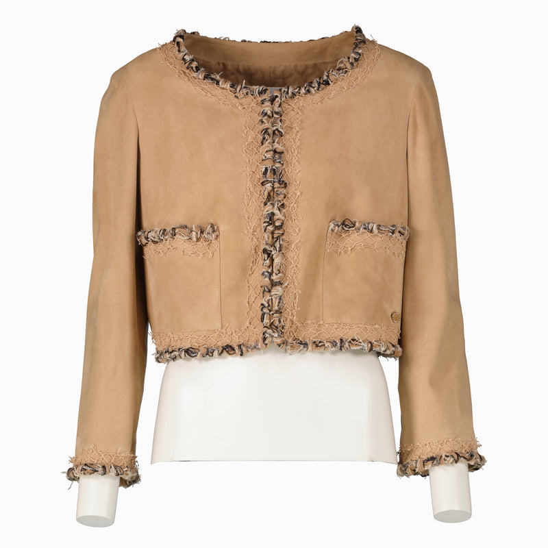 Shop this authentic Chanel Camel Suede Jacket - size 42  pre-loved on Labellov.com 