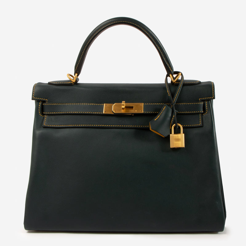 Shop this authentic Hermes HSS Kelly 32 Vert Cypress/Jaune Ambre Swift BGHW pre-loved on Labellov.com