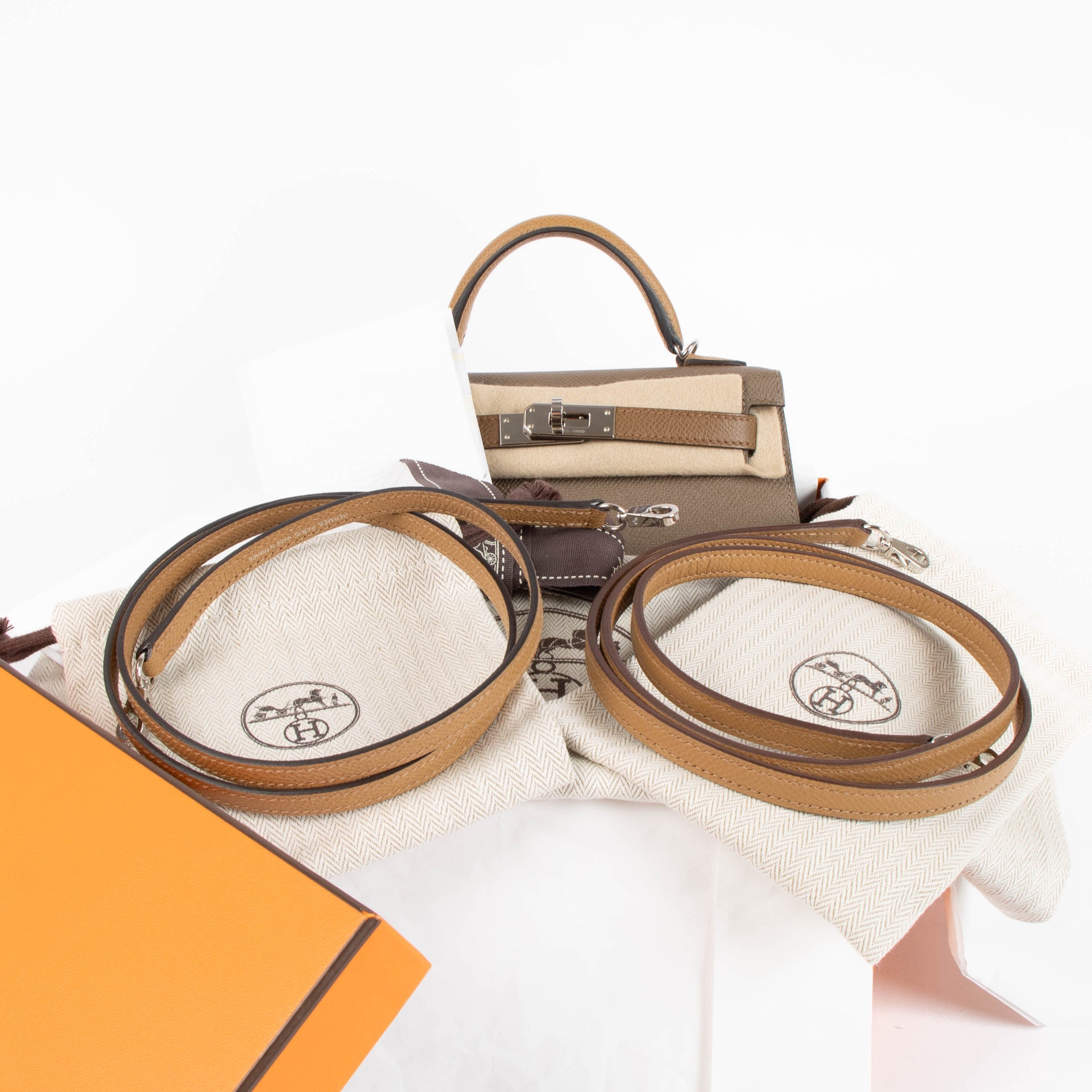 Hermès Kelly Mini II Tricolore Etoupe/Alezan/Biscuit Epsom PHW