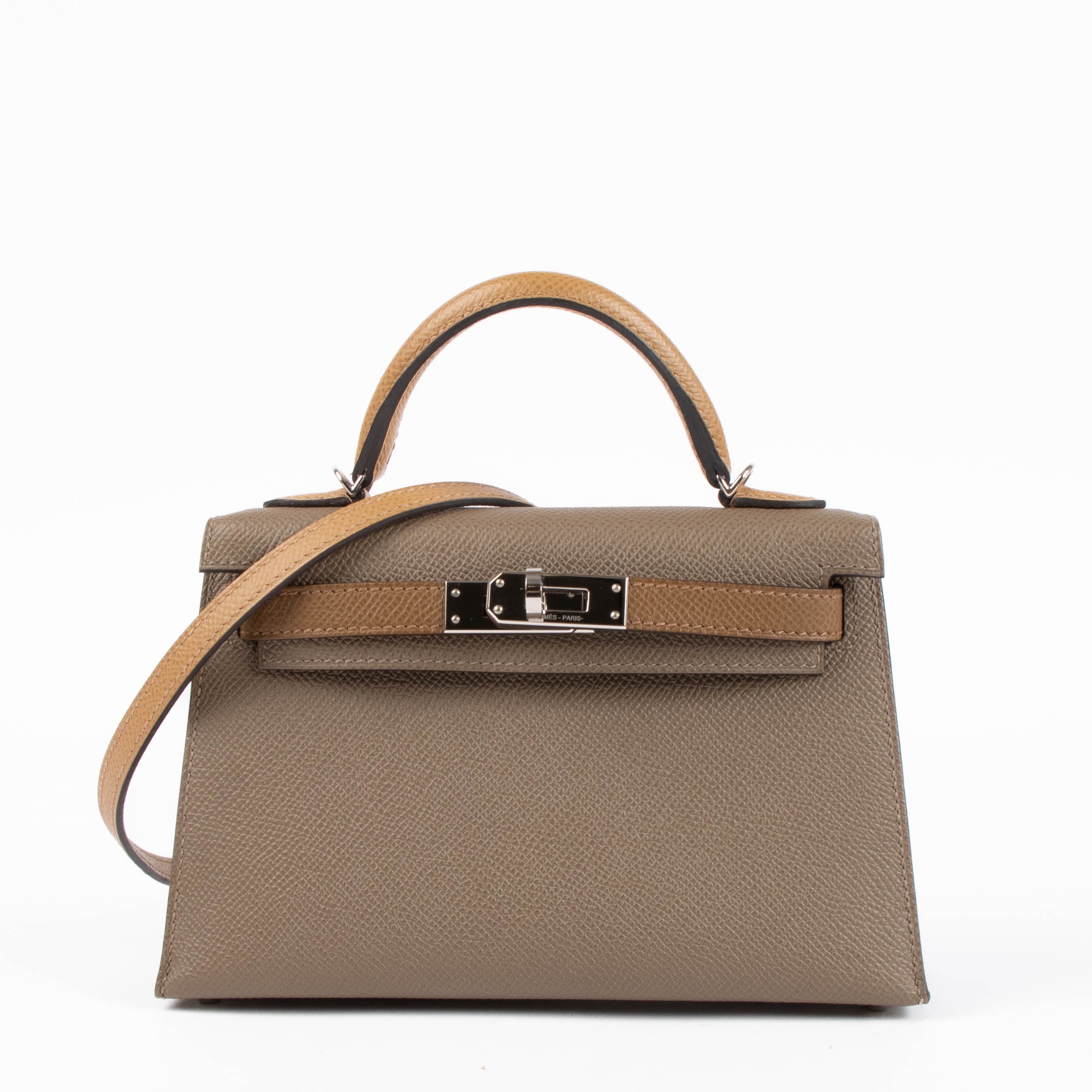 HERMES ベージュ グレー編み込みウェッジサンダル 35 巾着袋、箱付き Hermès Kelly Mini II Tricolore Etoupe/Alezan/Biscuit Epsom PHW