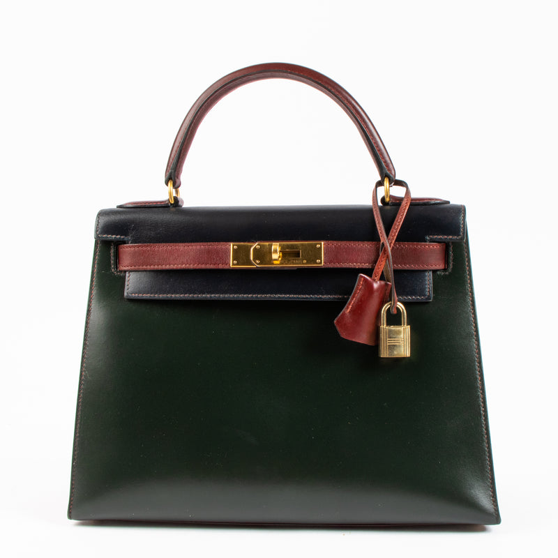 Hermès Vintage Kelly 28 Tricolor Vert Foncé/Bleu Marine/Bordeaux Box GHW