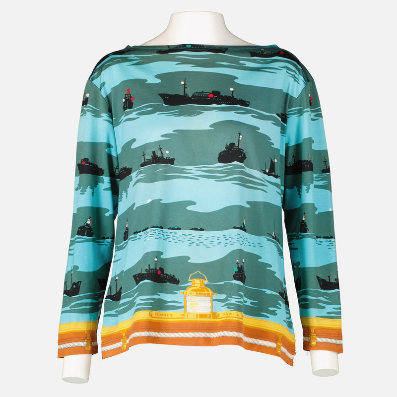 Shop this authentic Hermès Cotton Feux de Route Aperçus La Nuit En Mer Long Sleeve T-Shirt pre-loved on Labellov.com