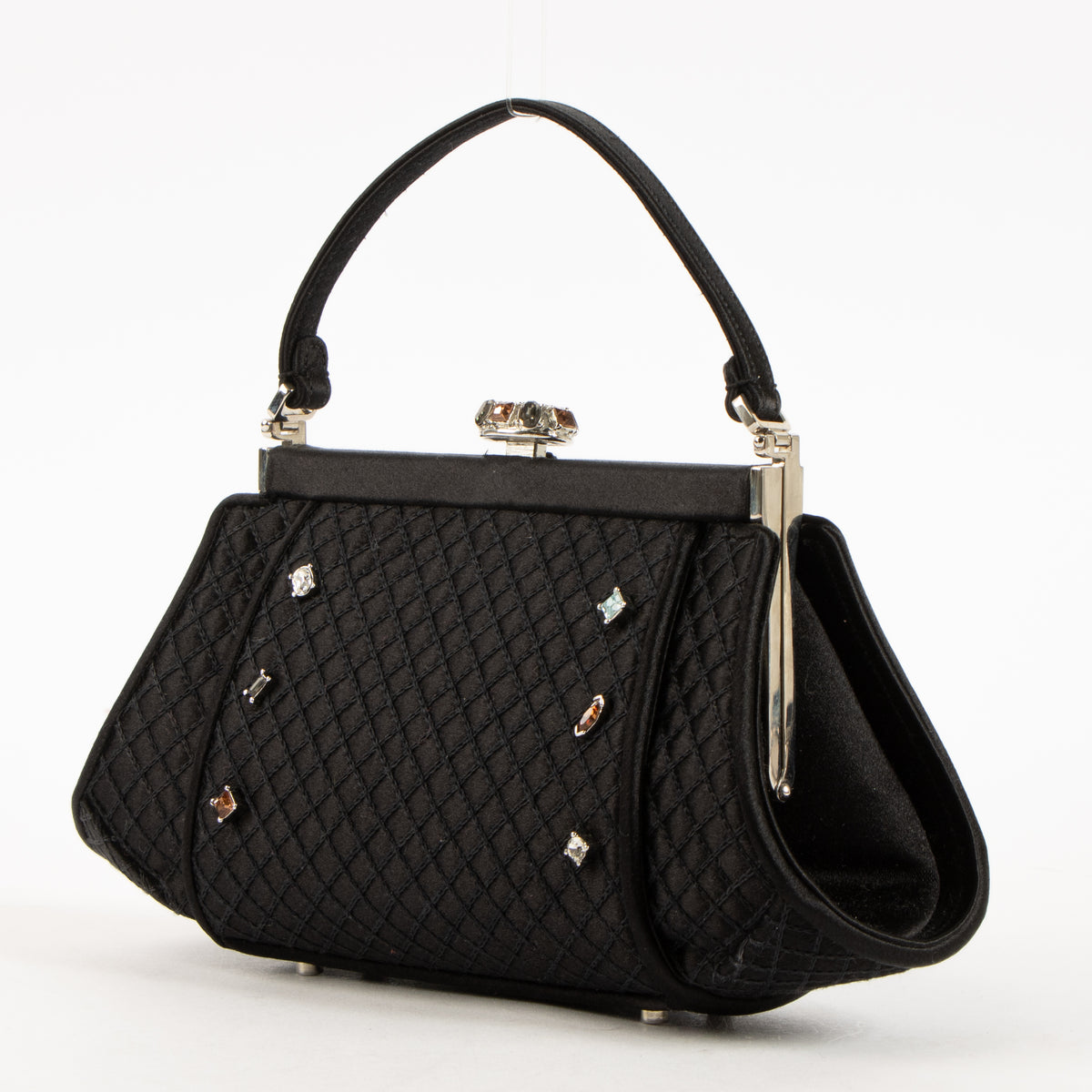 Shop this authentic Judith Leiber Black Satin Frame Clutch pre-loved on Labellov.com