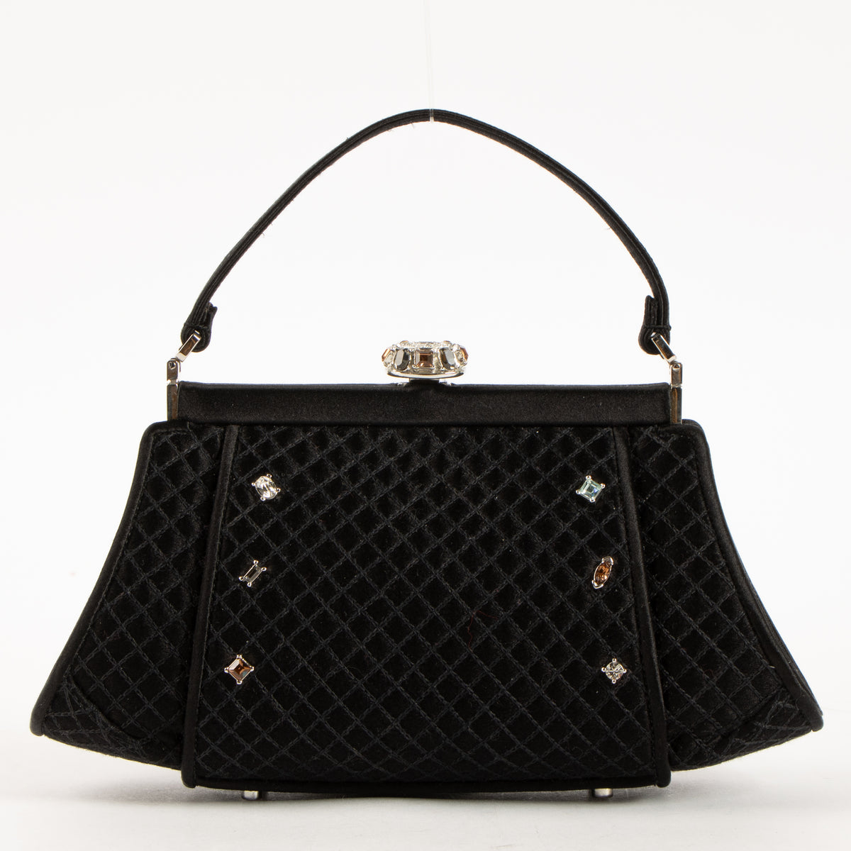 Shop this authentic Judith Leiber Black Satin Frame Clutch pre-loved on Labellov.com