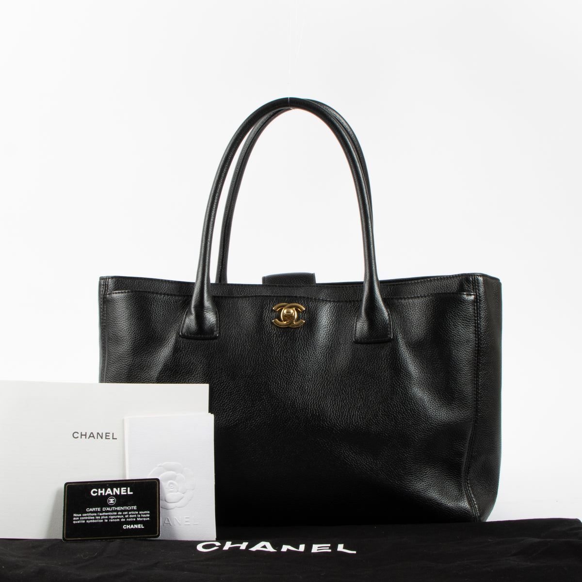 Shop this authentic Chanel Black Leather Medium Executive Tote Bag pre-loved on Labellov.com 