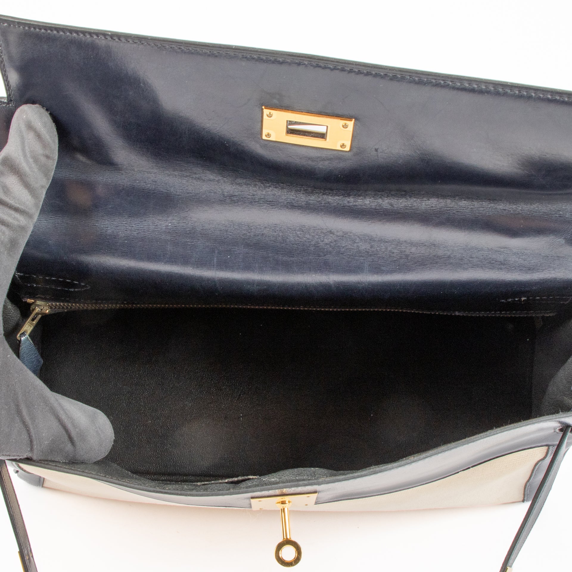 Hermès Vintage Kelly 32 Ecru/Bleu Marine Toile H/Box GHW