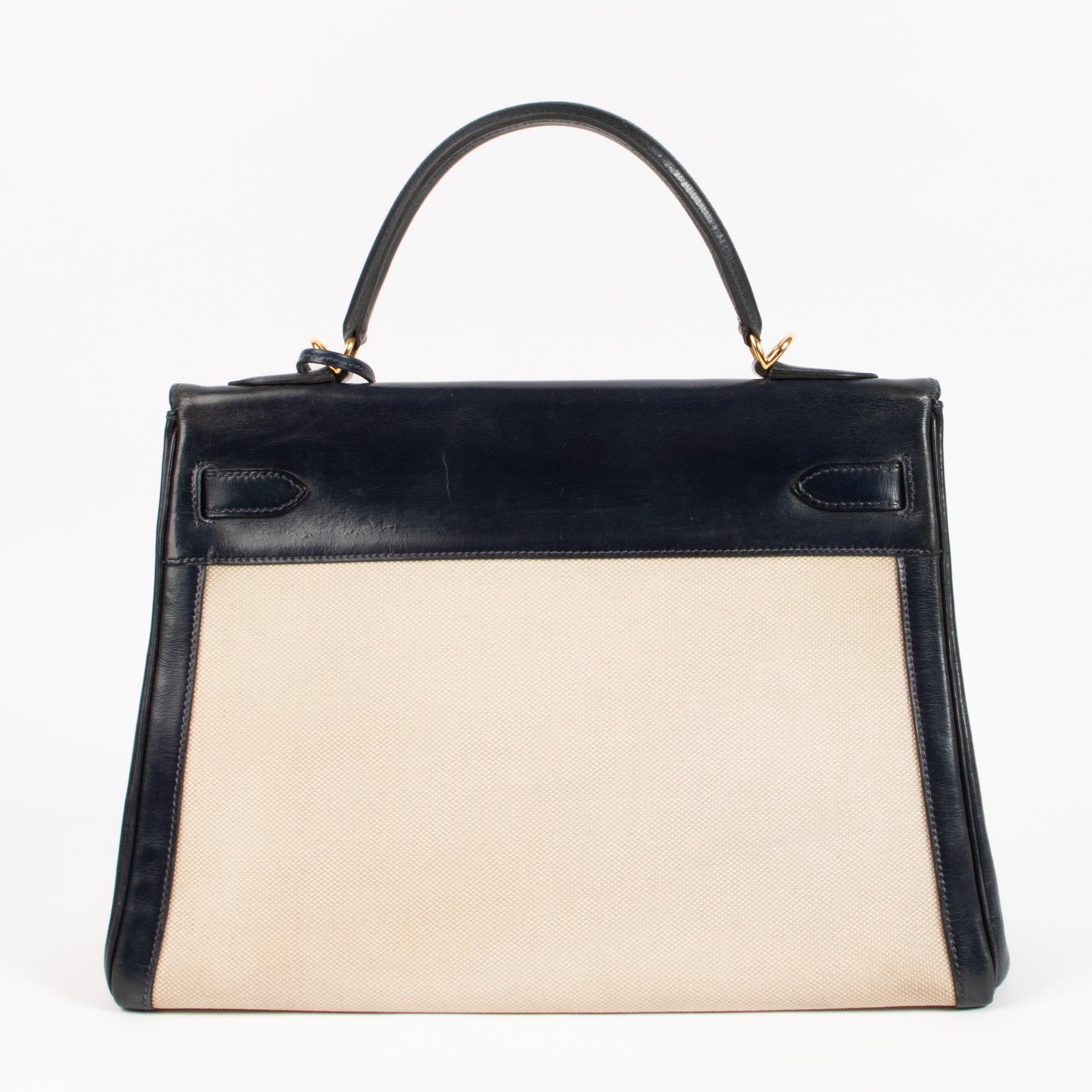Hermès Vintage Kelly 32 Ecru/Bleu Marine Toile H/Box GHW