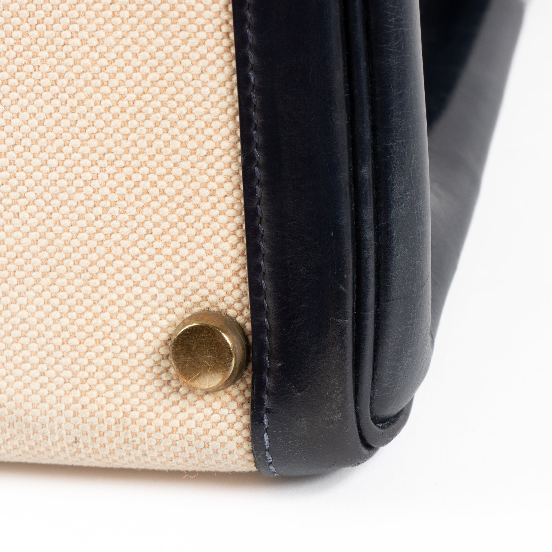 Hermès Vintage Kelly 32 Ecru/Bleu Marine Toile H/Box GHW