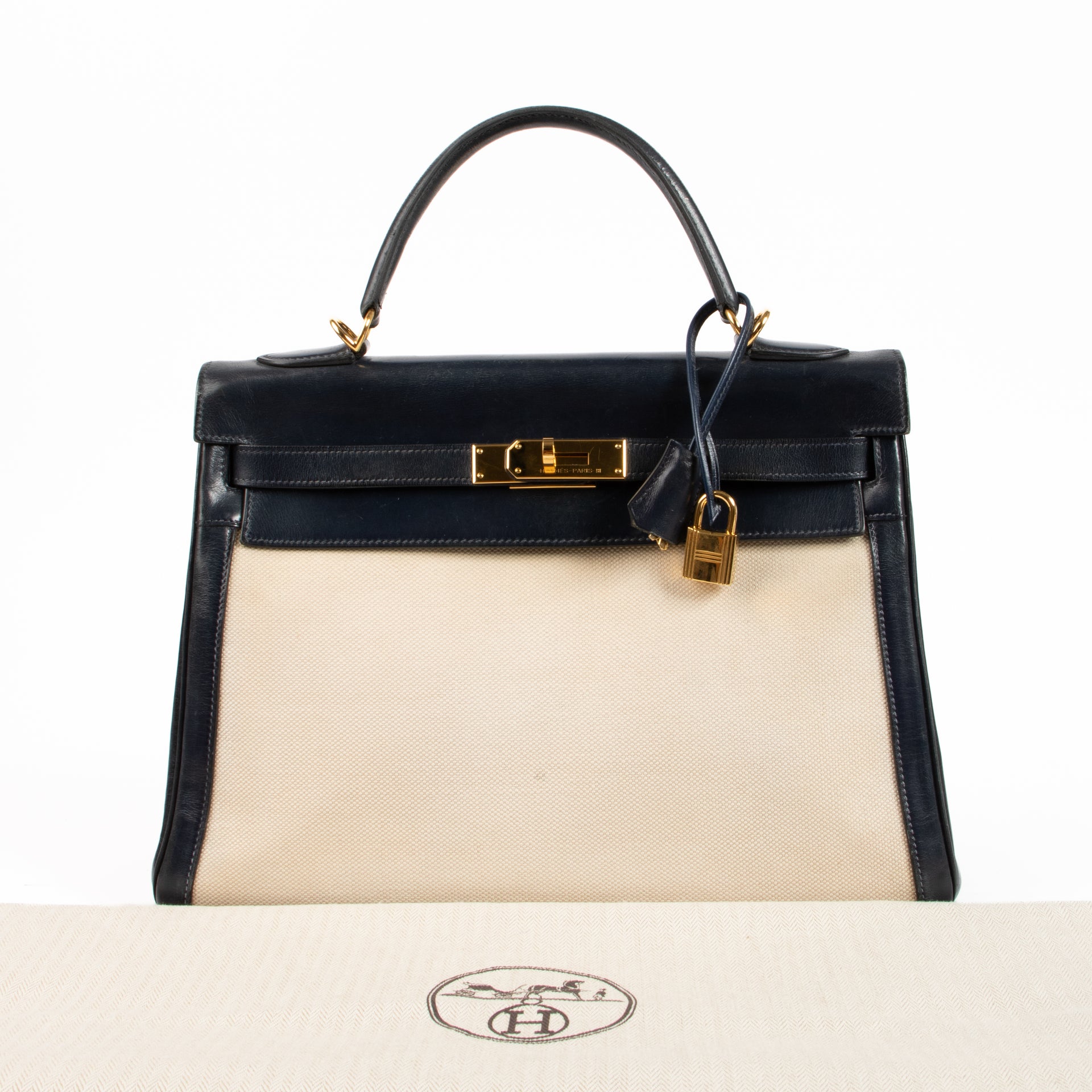 Hermès Vintage Kelly 32 Ecru/Bleu Marine Toile H/Box GHW