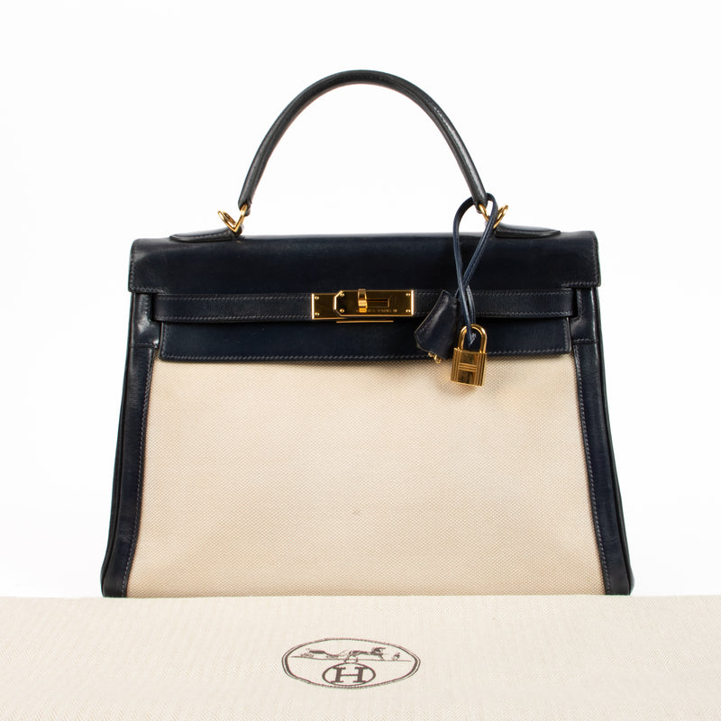 Hermès Vintage Kelly 32 Ecru/Bleu Marine Toile H/Box GHW