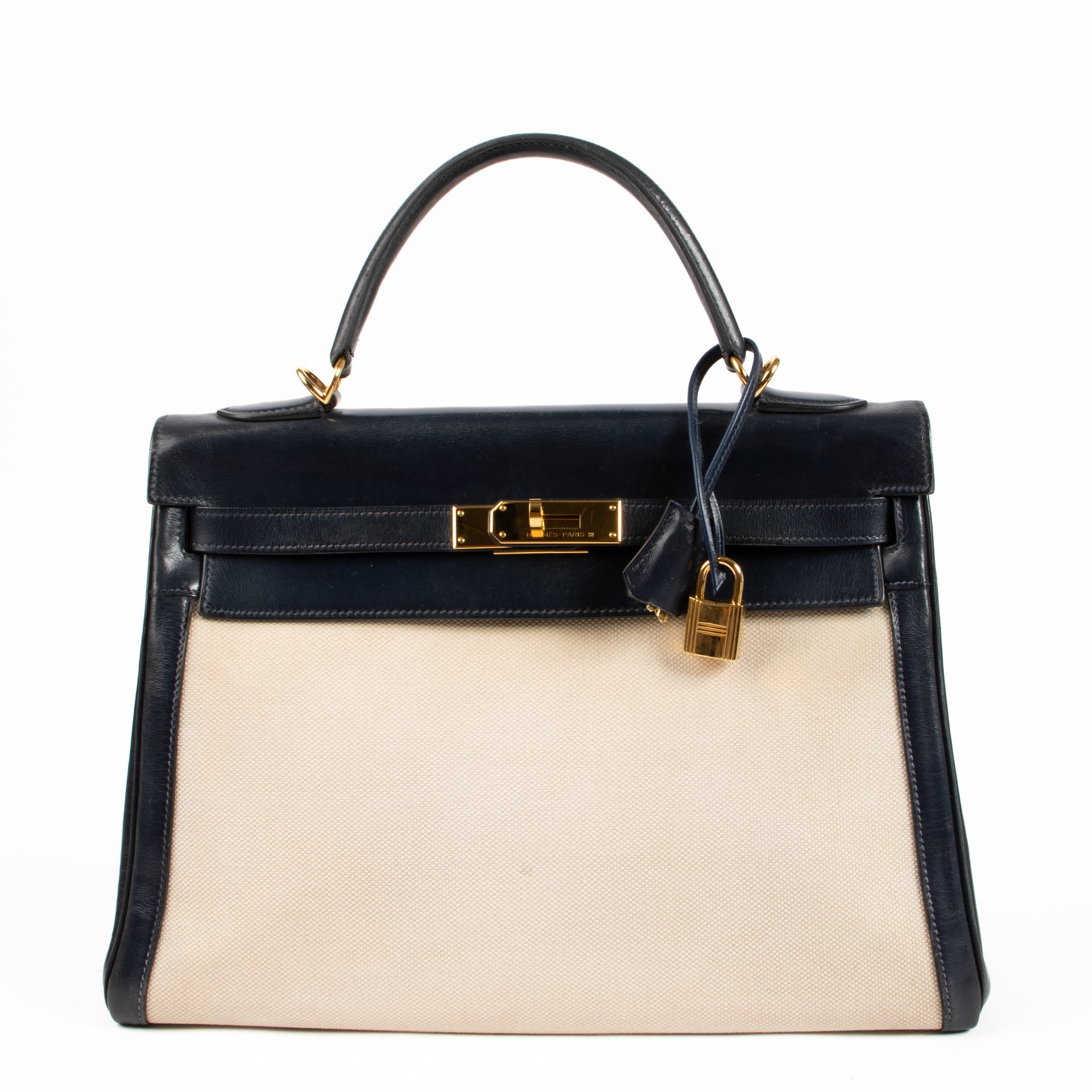 Hermès Vintage Kelly 32 Ecru/Bleu Marine Toile H/Box GHW