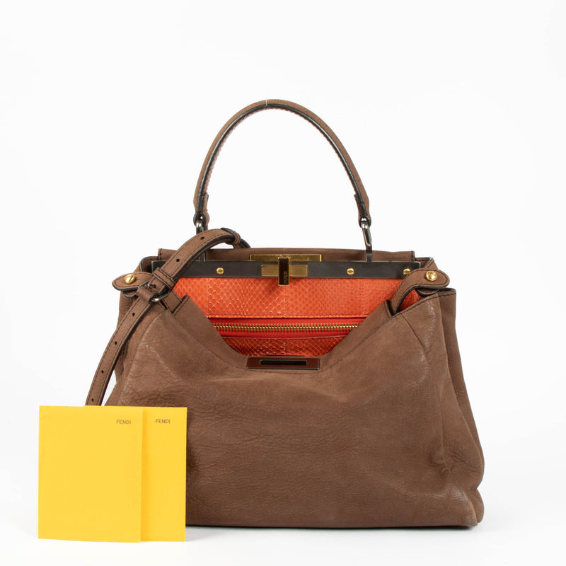 Fendi Brown Nubuck/Orange Python Medium Peekaboo Bag