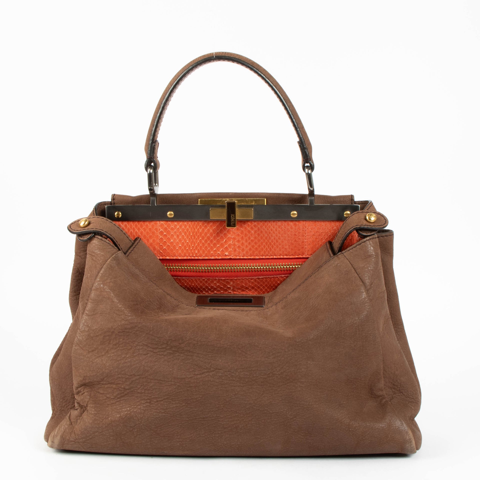 Sac Peekaboo moyen Fendi en nubuck marron et python orange