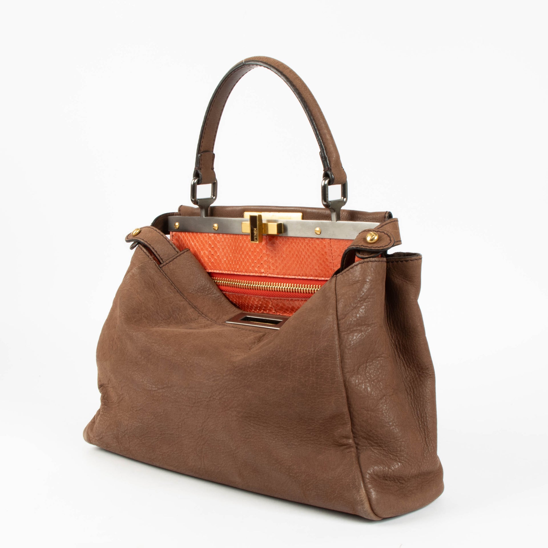 Sac Peekaboo moyen Fendi en nubuck marron et python orange