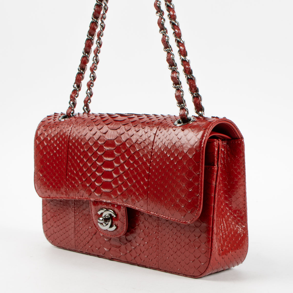 Shop this authentic luxury Chanel Red Python Medium Classic 11.12 bag Pre-Loved on Labellov.com