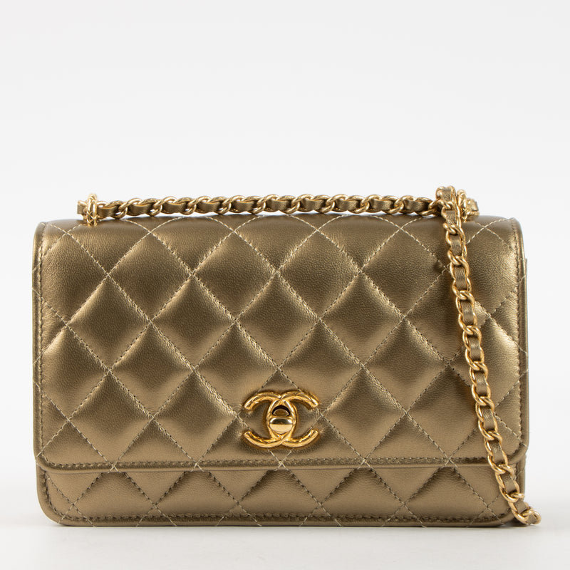 Shop this authentic Chanel Gold Lambskin Wallet On Chain pre-loved on Labellov.com