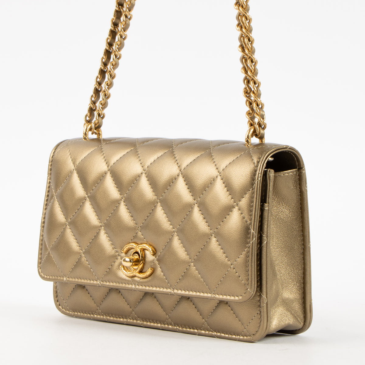 Shop this authentic Chanel Gold Lambskin Wallet On Chain pre-loved on Labellov.com