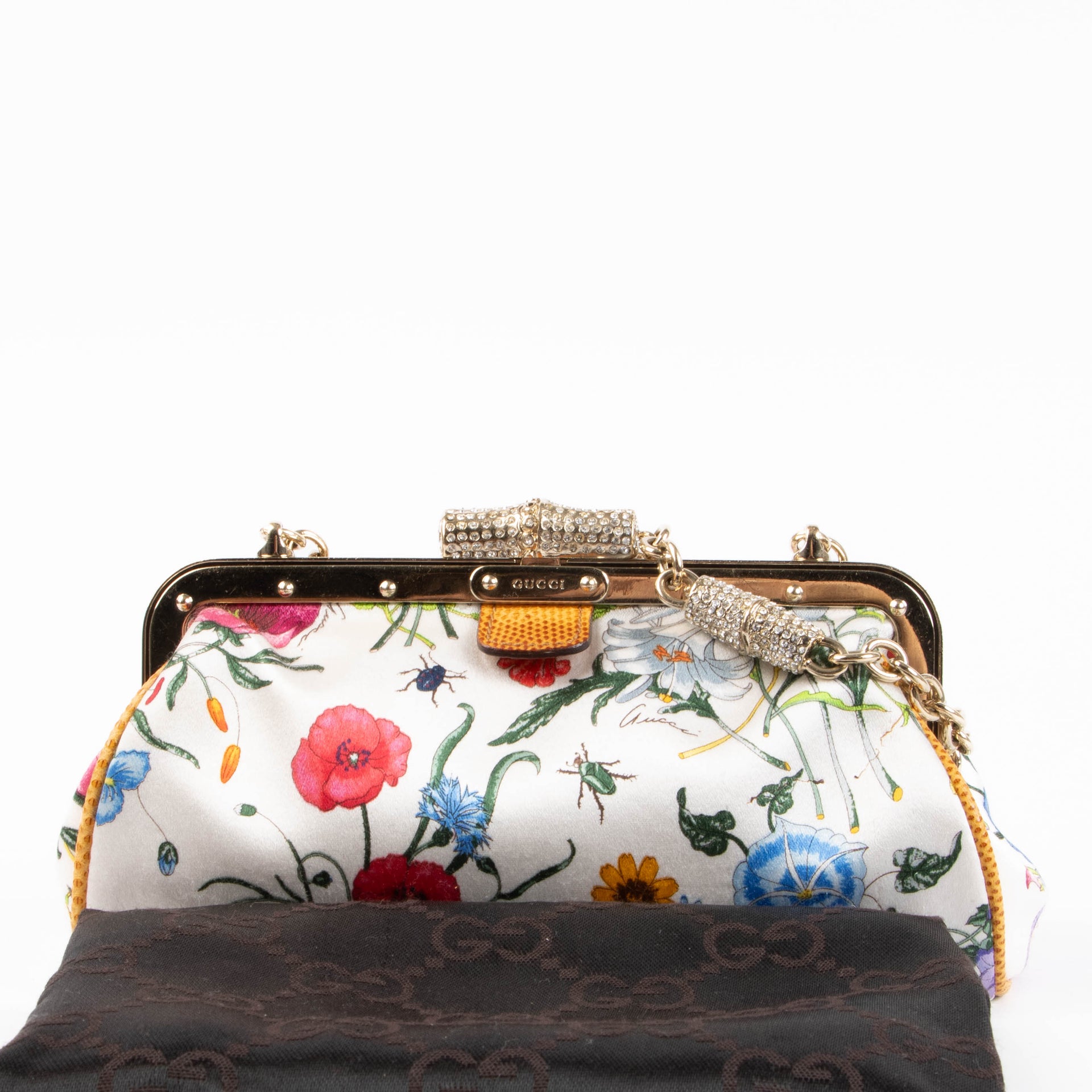 Gucci White Flora Satin Lizard Trim Crystal Bamboo Clutch