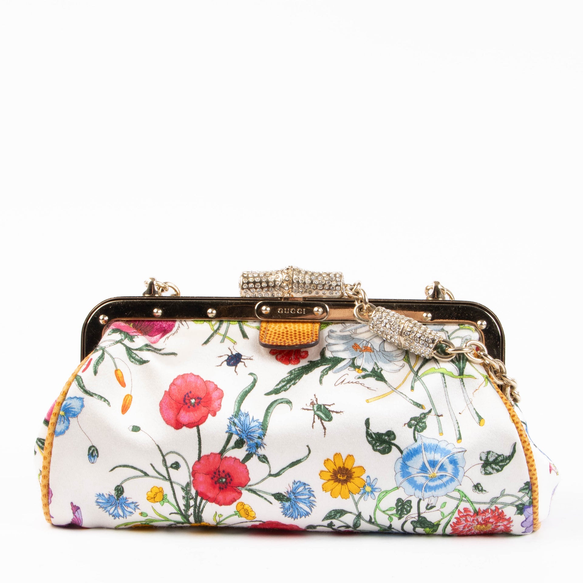 Gucci White Flora Satin Lizard Trim Crystal Bamboo Clutch