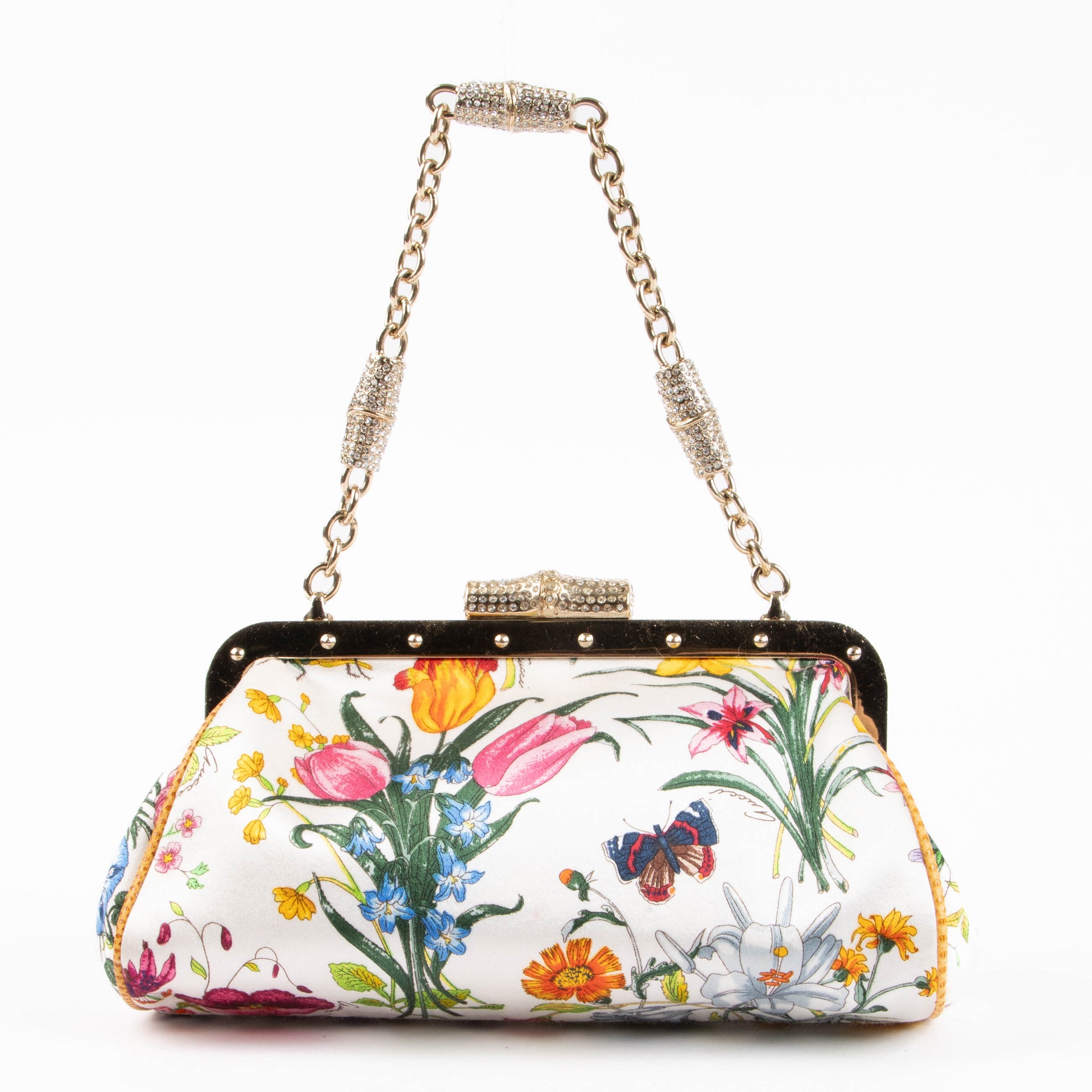 Gucci White Flora Satin Lizard Trim Crystal Bamboo Clutch