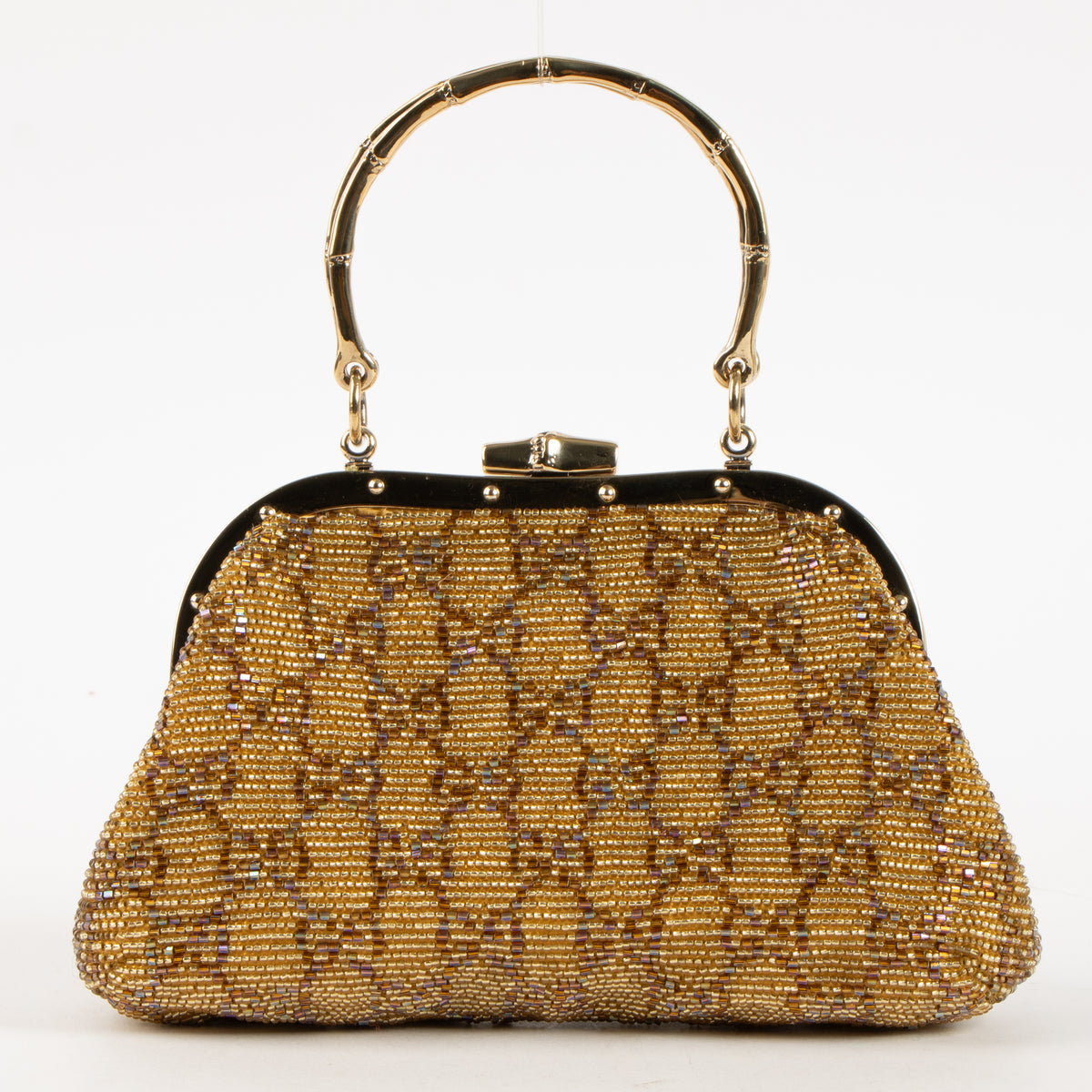 Shop this authentic Gucci Gold Beaded GG Frame Clutch pre-loved on Labellov.com