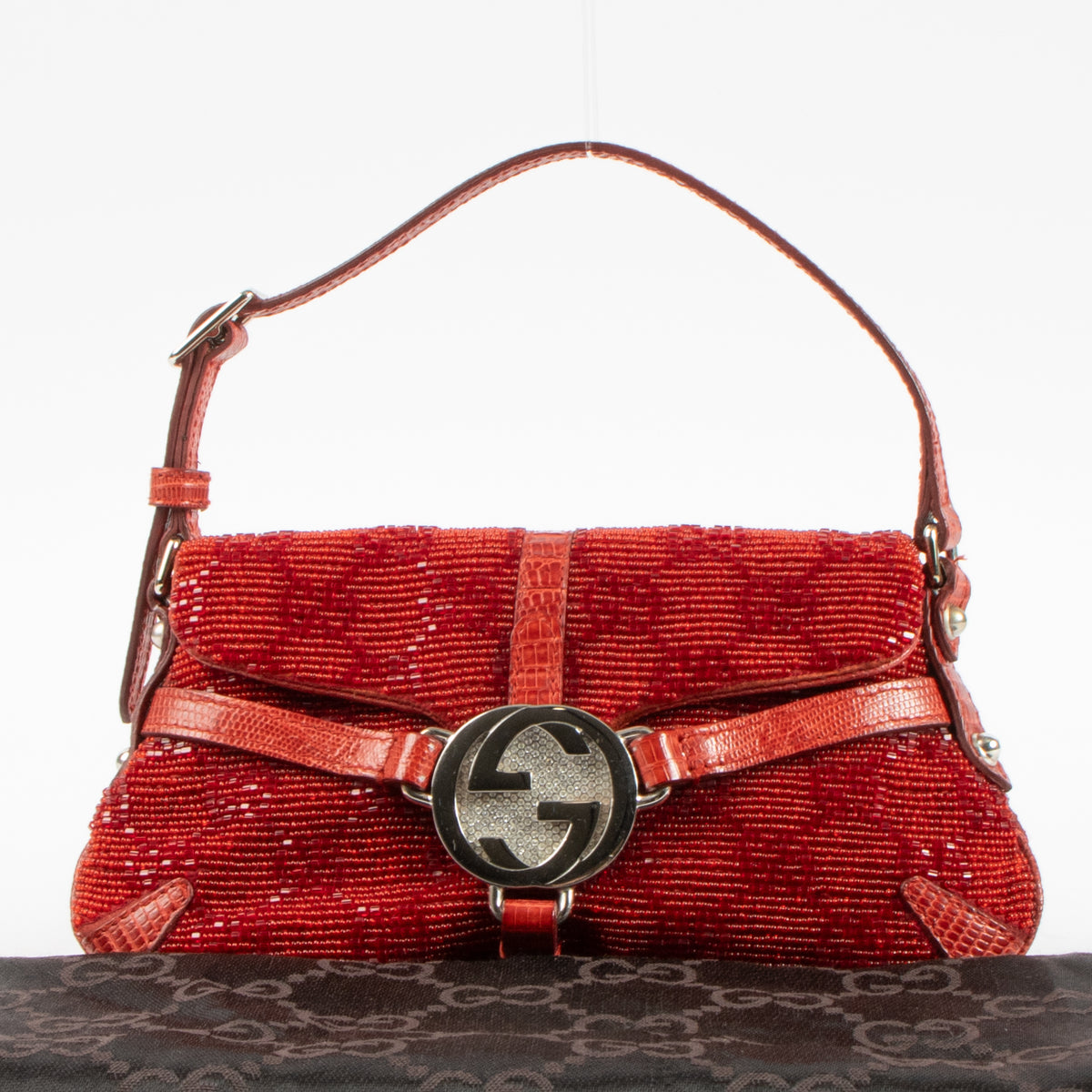 Gucci by Tom Ford Red Lizard Beaded Crystal GG Clutch