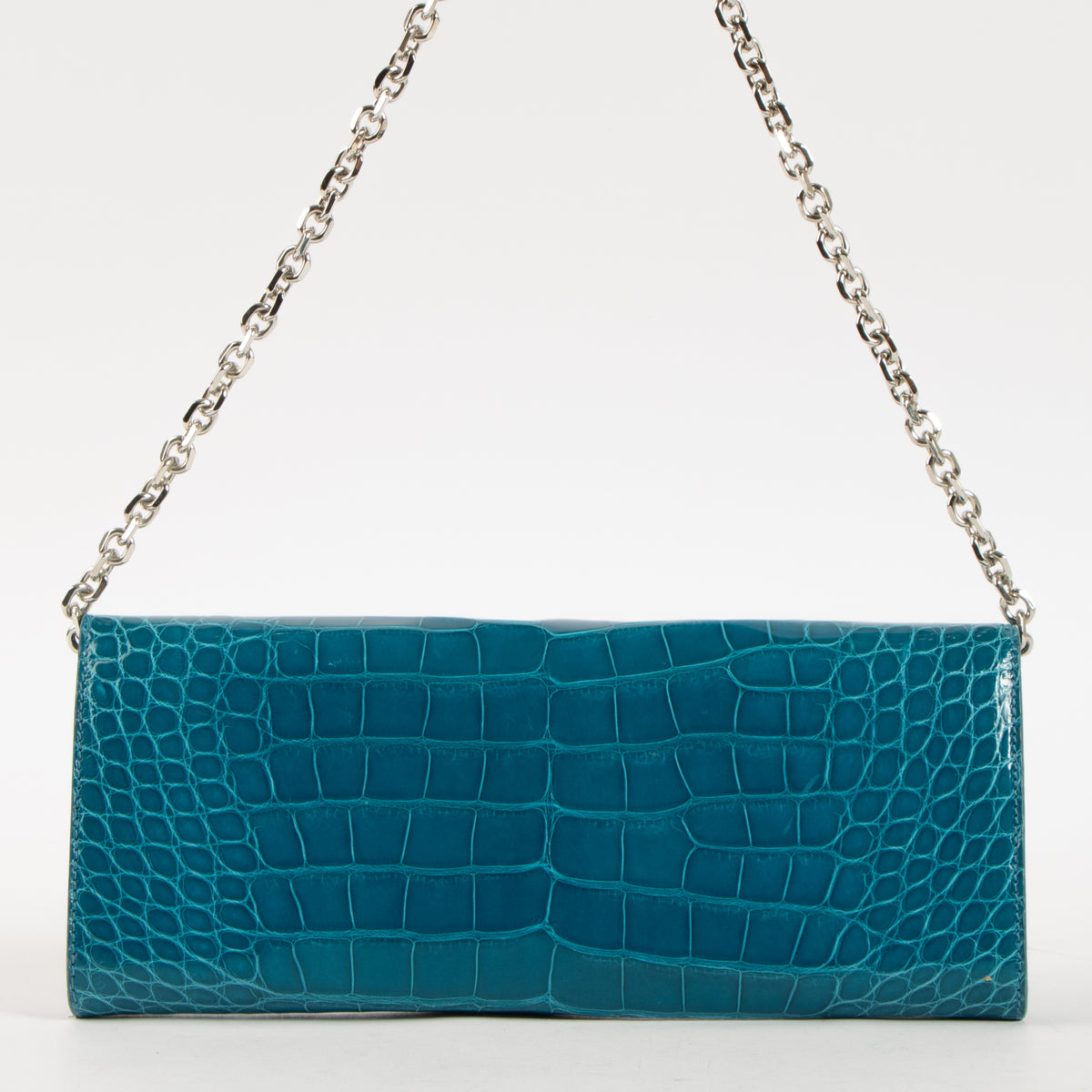 Shop this authentic Judith Leiber Blue Shiny Alligator Crystal Criket Clutch Pre-Loved on Labellov.com