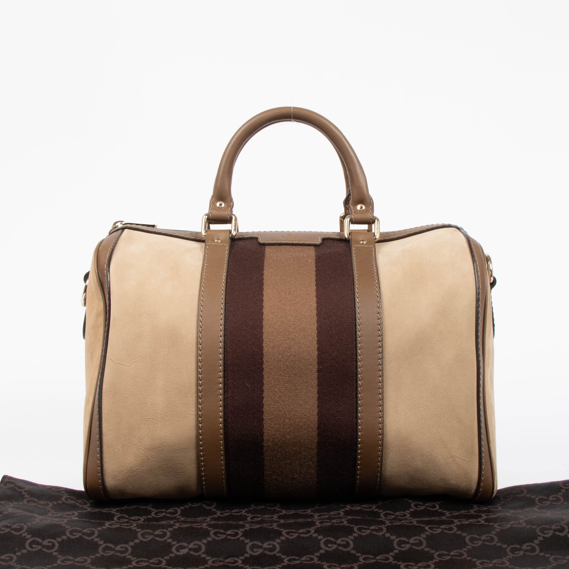 Shop this authentic Gucci Taupe Suede Web Joy Medium Boston Bag pre-loved on Labellov.com