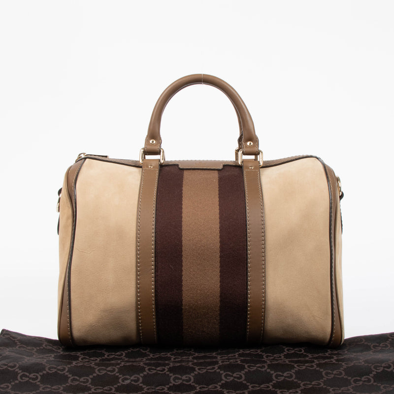 Shop this authentic Gucci Taupe Suede Web Joy Medium Boston Bag pre-loved on Labellov.com